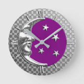 Art Deco Moon en Stars, Amethyst en Silver Ronde Klok (Voorkant)