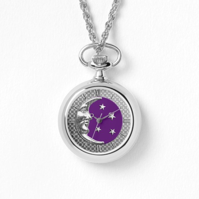 Art Deco Moon en Stars - Amethyst Paars & Silver Horloge (Voorkant)