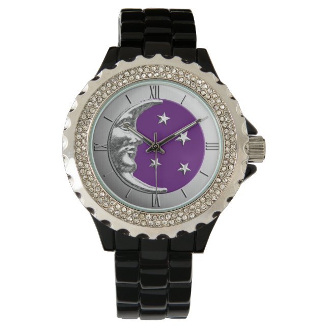 Art Deco Moon en Stars - Amethyst Paars & Silver Horloge (Voorkant)