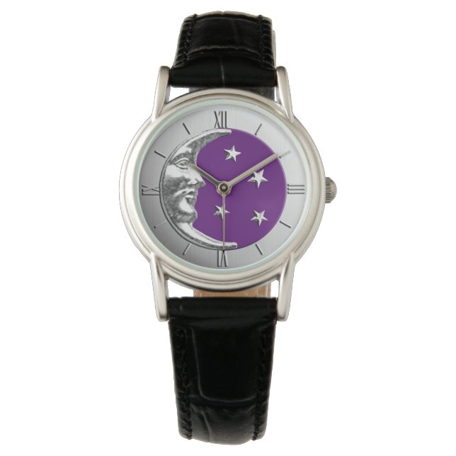 Art Deco Moon en Stars - Amethyst Paars & Silver Horloge (Voorkant)