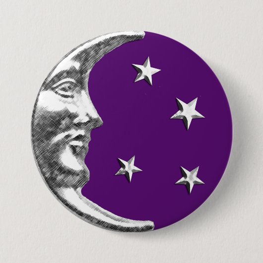 Art Deco Moon en Stars - Amethyst Paars & Silver Ronde Button 7,6 Cm (Voorkant)