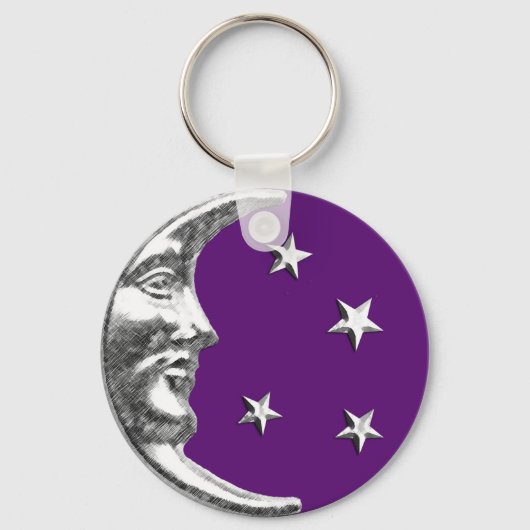 Art Deco Moon en Stars - Amethyst Paars & Silver Sleutelhanger (Voorkant)