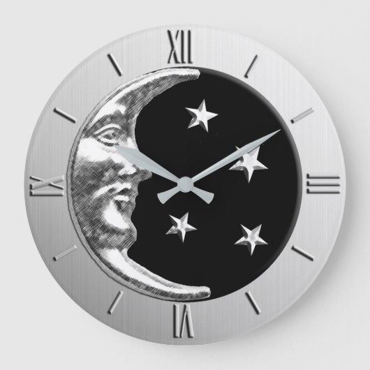 Art Deco Moon en Stars - Black en Silver Grote Klok (Voorkant)