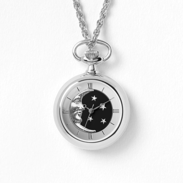 Art Deco Moon en Stars - Black en Silver Horloge (Voorkant)