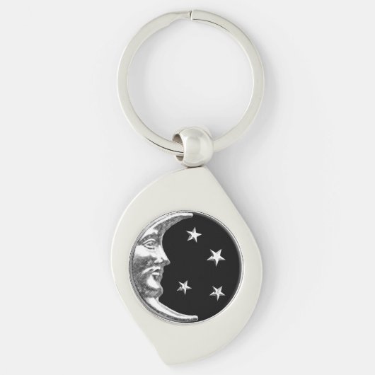Art Deco Moon en Stars - Black en Silver Sleutelhanger (Voorkant)