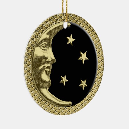 Art Deco Moon en Stars Black op gouden achtergrond Keramisch Ornament (Rechts)
