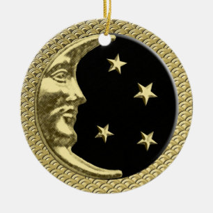 Art Deco Moon en Stars Black op gouden achtergrond Keramisch Ornament