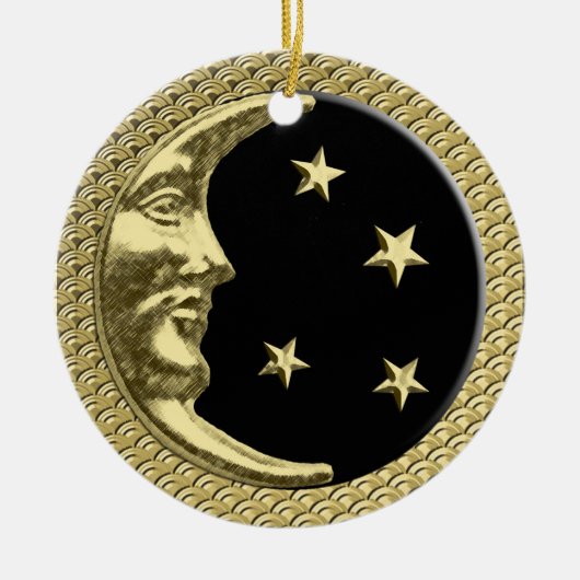 Art Deco Moon en Stars Black op gouden achtergrond Keramisch Ornament (Voorkant)