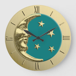 Art Deco Moon en Stars - Blauwgroen en goud Grote Klok