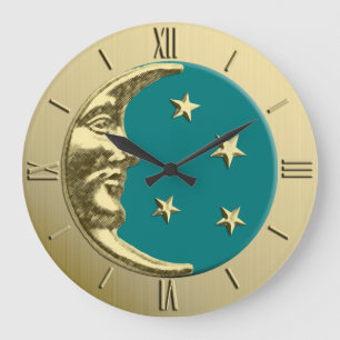 Art Deco Moon en Stars - Blauwgroen en goud Grote Klok