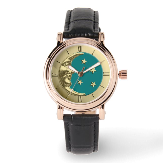 Art Deco Moon en Stars - Blauwgroen en goud Horloge (Voorkant)