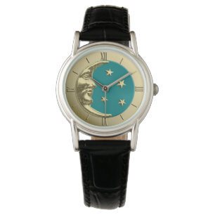 Art Deco Moon en Stars - Blauwgroen en goud Horloge