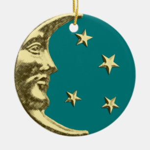 Art Deco Moon en Stars - Blauwgroen en goud Keramisch Ornament