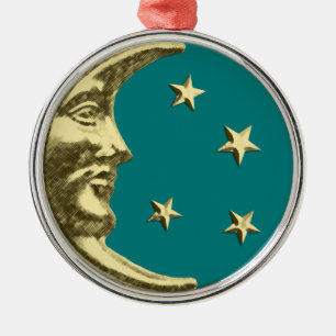 Art Deco Moon en Stars - Blauwgroen en goud Metalen Ornament