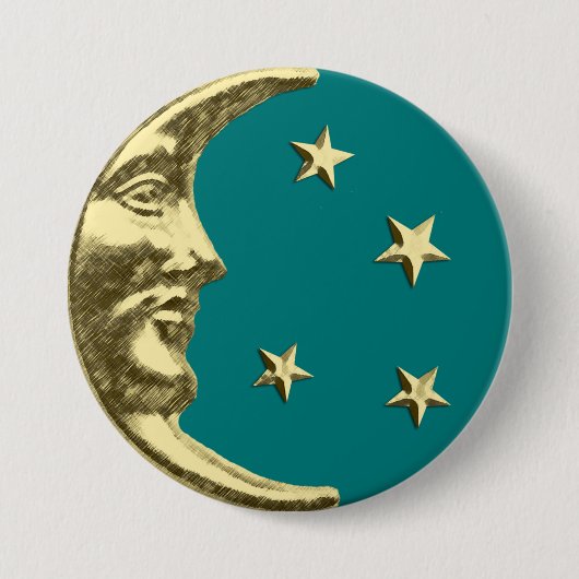 Art Deco Moon en Stars - Blauwgroen en goud Ronde Button 7,6 Cm (Voorkant)