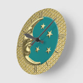 Art Deco Moon en Stars, Blauwgroen en goud Ronde Klok (Hoek)