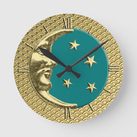 Art Deco Moon en Stars, Blauwgroen en goud Ronde Klok (Voorkant)