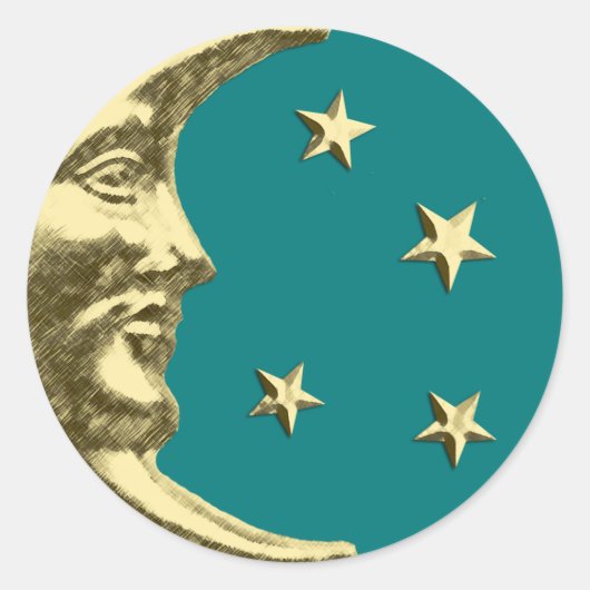 Art Deco Moon en Stars - Blauwgroen en goud Ronde Sticker (Voorkant)