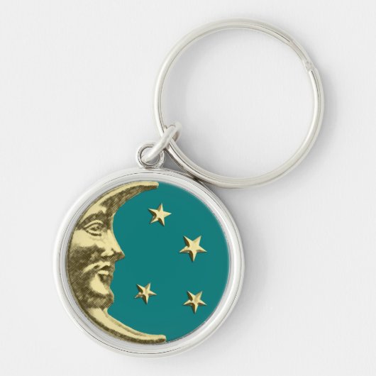 Art Deco Moon en Stars - Blauwgroen en goud Sleutelhanger (Voorkant)