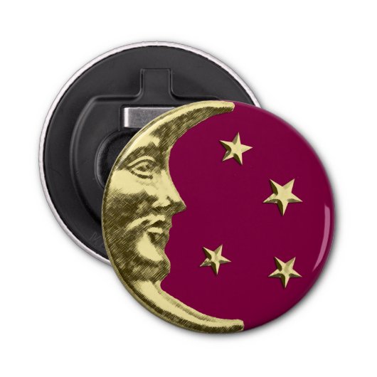 Art Deco Moon en Stars - Bourgogne en goud Button Flesopener (Voorkant)