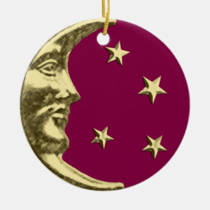 Art Deco Moon en Stars - Bourgogne en goud Keramisch Ornament