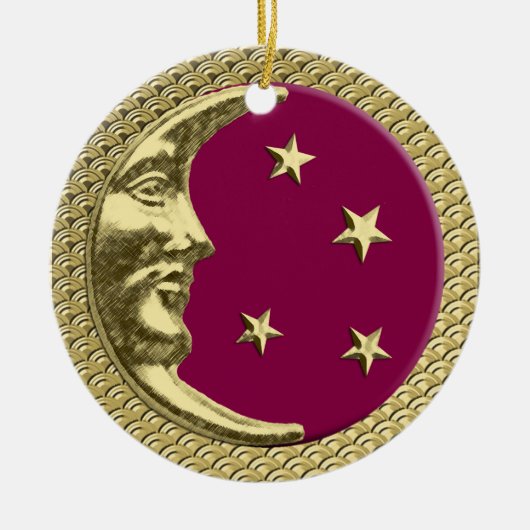 Art Deco Moon en Stars Burgundy & Gold Background Keramisch Ornament (Voorkant)
