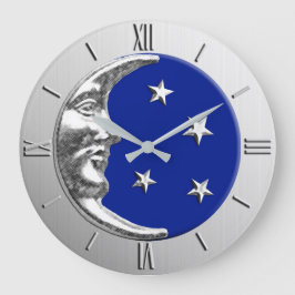 Art Deco Moon en Stars - Cobalt Blue en Silver Grote Klok