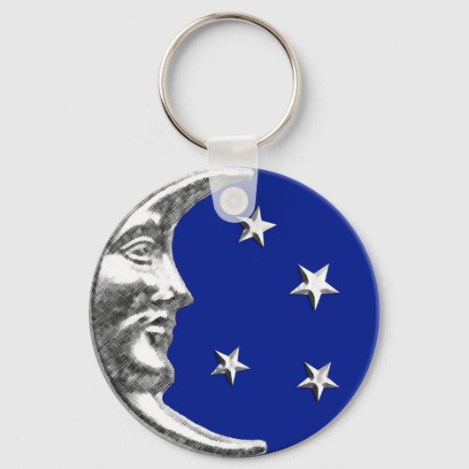 Art Deco Moon en Stars - Cobalt Blue en Silver Sleutelhanger (Voorkant)