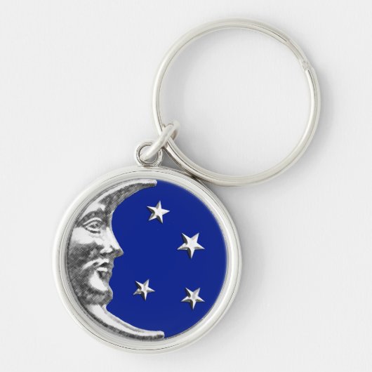 Art Deco Moon en Stars - Cobalt Blue en Silver Sleutelhanger (Voorkant)