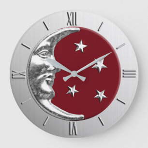Art Deco Moon en Stars - Donkerrood en zilver Grote Klok