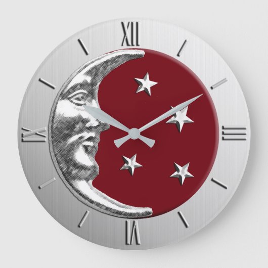 Art Deco Moon en Stars - Donkerrood en zilver Grote Klok (Voorkant)