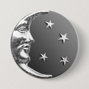 Art Deco Moon en Stars - Grijs / Grijs en Zilver Ronde Button 7,6 Cm