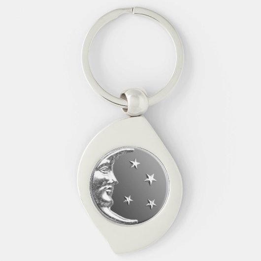 Art Deco Moon en Stars - Grijs / Grijs en Zilver Sleutelhanger (Voorkant)