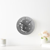 Art Deco Moon en Stars, Hematite Gray en Silver Ronde Klok (Huis)