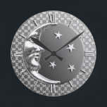 Art Deco Moon en Stars, Hematite Gray en Silver Ronde Klok<br><div class="desc">Klok in een klassieke Art Deco moon en sterren ontwerp in geborsteld zilver met een enamel uiterlijk,  hematite grijs / grijze achtergrond</div>