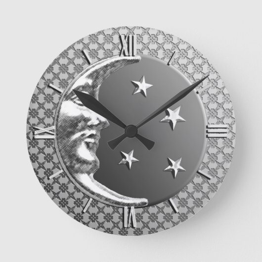 Art Deco Moon en Stars, Hematite Gray en Silver Ronde Klok (Voorkant)