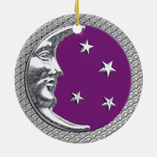 Art Deco Moon en Stars in Amethyst en Silver Keramisch Ornament (Achterkant)