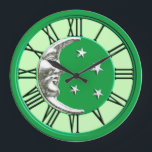 Art Deco Moon en Stars - Jade Green en Silver Grote Klok<br><div class="desc">Klassieke Art Deco Moon en sterren ontwerpen in geborsteld zilver met een enamel look,  groene jade achtergrond</div>