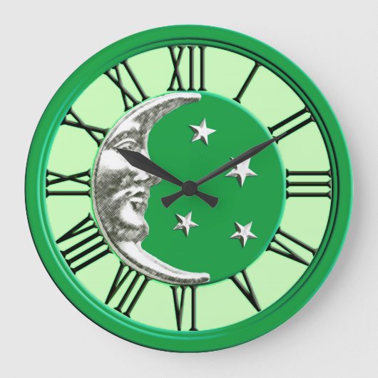 Art Deco Moon en Stars - Jade Green en Silver Grote Klok (Voorkant)