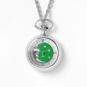 Art Deco Moon en Stars - Jade Green en Silver Horloge