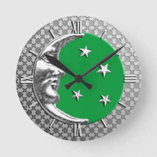 Art Deco Moon en Stars, Jade Green en Silver Ronde Klok