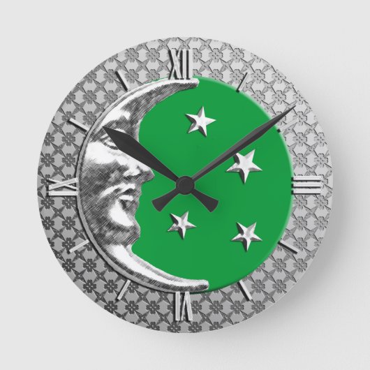 Art Deco Moon en Stars, Jade Green en Silver Ronde Klok (Voorkant)