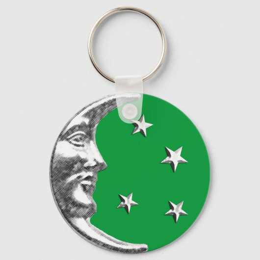 Art Deco Moon en Stars - Jade Green en Silver Sleutelhanger (Voorkant)