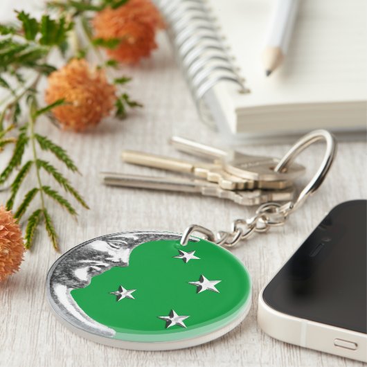 Art Deco Moon en Stars - Jade Green en Silver Sleutelhanger (Voorkant Rechts)