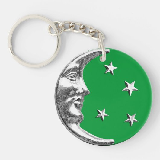Art Deco Moon en Stars - Jade Green en Silver Sleutelhanger (Voorkant)