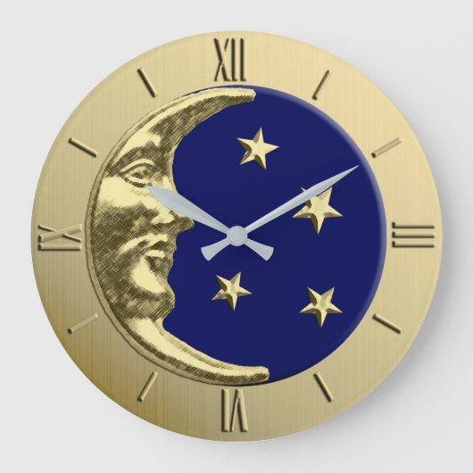 Art Deco Moon en Stars - Navy Blue en Gold Grote Klok (Voorkant)