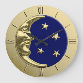 Art Deco Moon en Stars - Navy Blue en Gold Grote Klok