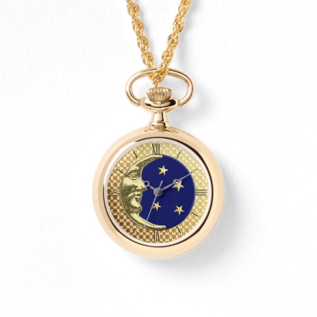 Art Deco Moon en Stars, Navy Blue en Gold Horloge (Voorkant)