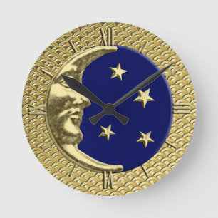 Art Deco Moon en Stars, Navy Blue en Gold Ronde Klok