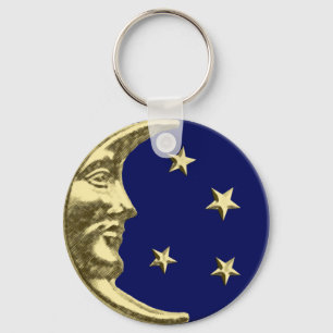 Art Deco Moon en Stars - Navy Blue en Gold Sleutelhanger